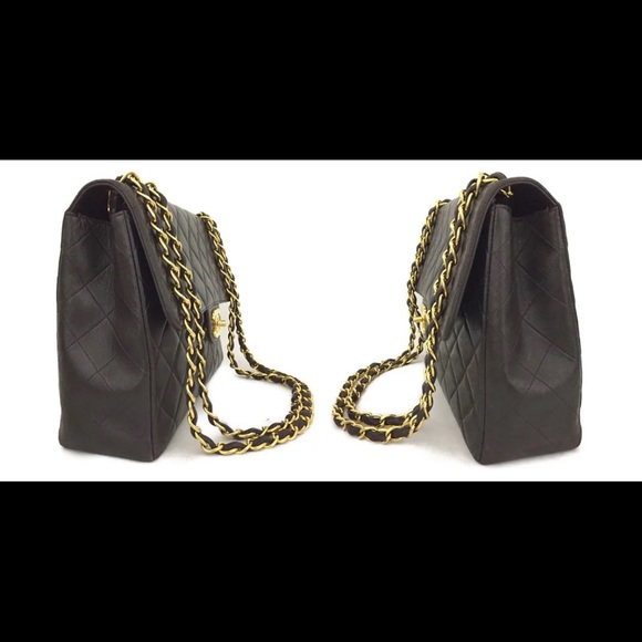 CHANEL Classic Black Leather Jumbo 30 / 24k Gold Chain Flap Bag +Card/Duster + - Picture 12 of 12